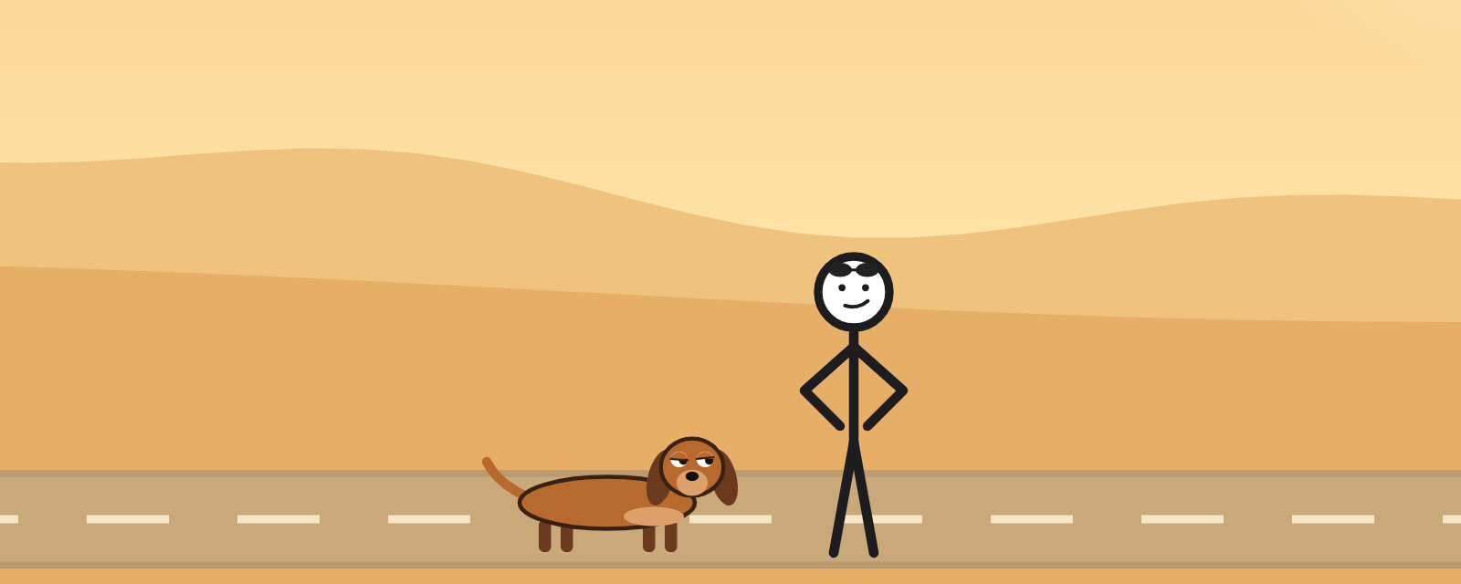Weenie side-eyeing Mr. Stickley on a desert road